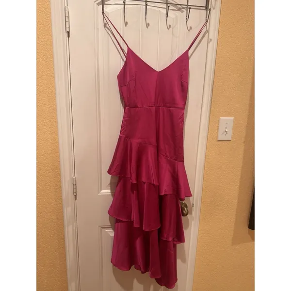 Lulus Charming Crush Hot Pink Satin Tiered Ruffled Midi Dress size xs - Image 2