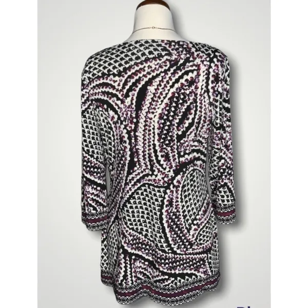 White House Black Market Purple & Black 3/4 Sleeve Drape Neck Stretchy Tunic M - Image 3