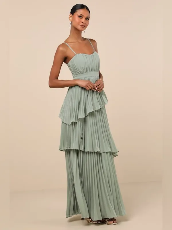 Jehona Sage Brush Pleated Tiered Maxi Dress - Image 3