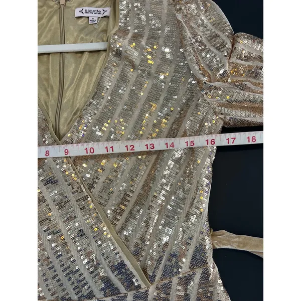 Nanette Lepore Sequin Wrap Dress Women Size 8 Gold Great Long Sleeve Velvet Belt - Image 7