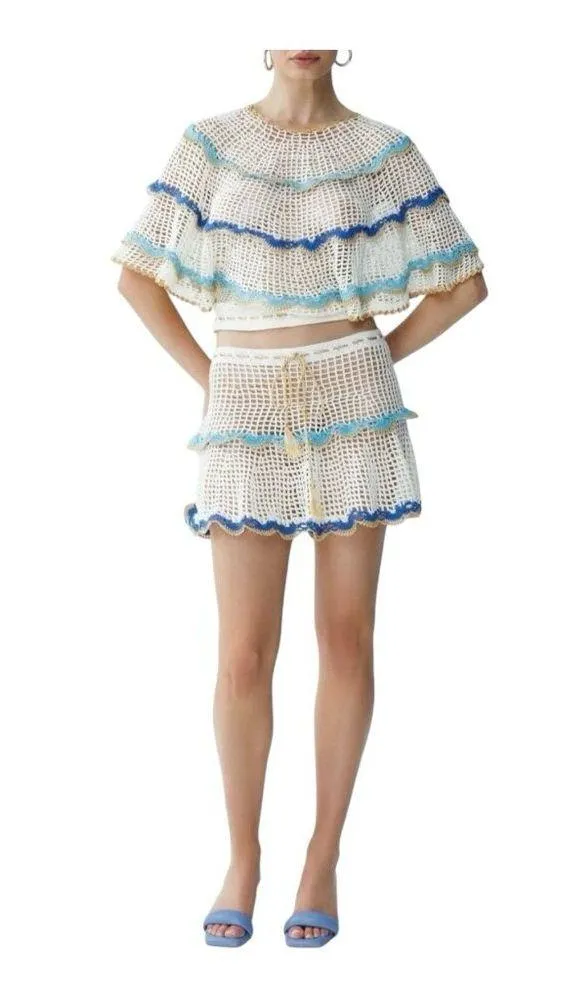 My Beachy Side Rima Scalloped Crop Top Medium Crochet Malibu Blue $235 Boho - Image 2