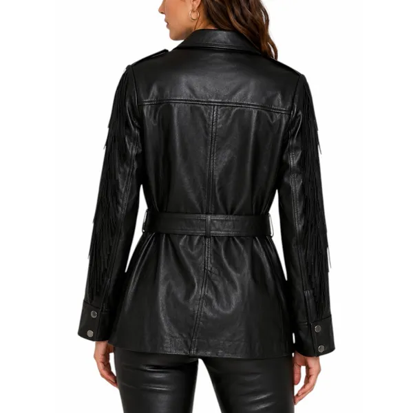 Walter Baker Linda Fringe Belted Lamb Leather Jacket Black Size S - Image 3