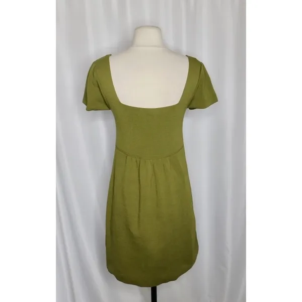 ZARA Squared Mini Babydoll Dress Puff Sleeves Solid Olive Green Knit Small - Image 9