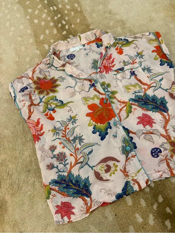 Powell Craft Floral Cotton Pajama Top M/L Pink Botanical Short Sleeve Button Up - Image 4