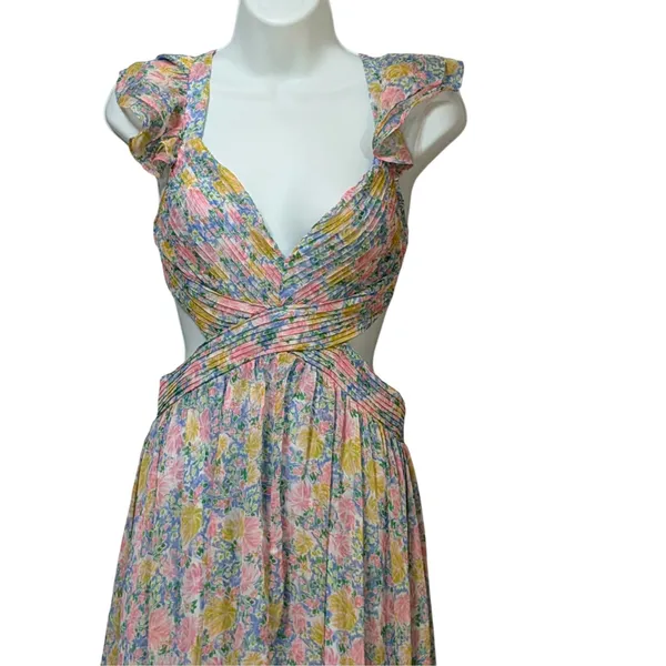 ASTR The Label Floral Cutout Maxi Dress Pink Blue Pleated Lace Up Back Small - Image 6