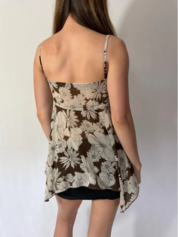 Brown Floral Babydoll Silky Ruffle Y2K Fairy Top - Image 4