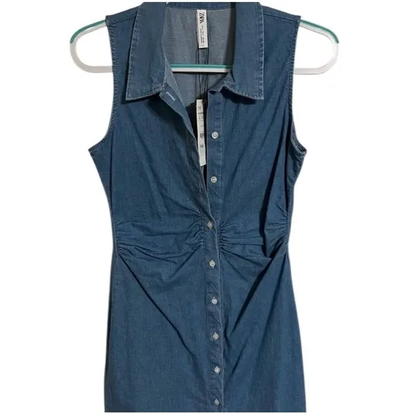 ✨Zara Denim Button Down Smocked Sz Large Dress✨ - Image 5