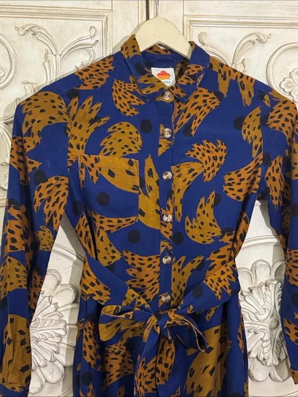 Farm Rio Banana Blue & Brown Printed Jumpsuit with Tie Waist Size Small - Image 5