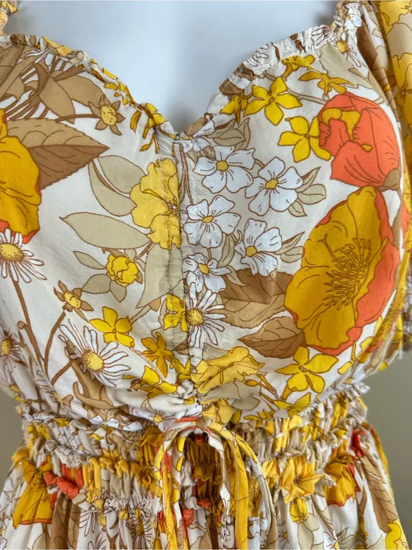 Cato Floral Milkmaid Top L Cottagecore Smocked Puff Sleeve Boho 70s Festival - Image 3