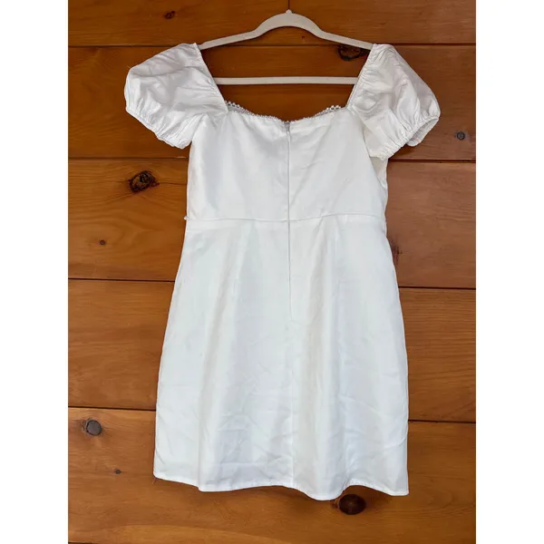 NWT Lulus Adorable Poise White Pearl Puff Sleeve Mini Dress Engagement Wedding M - Image 3