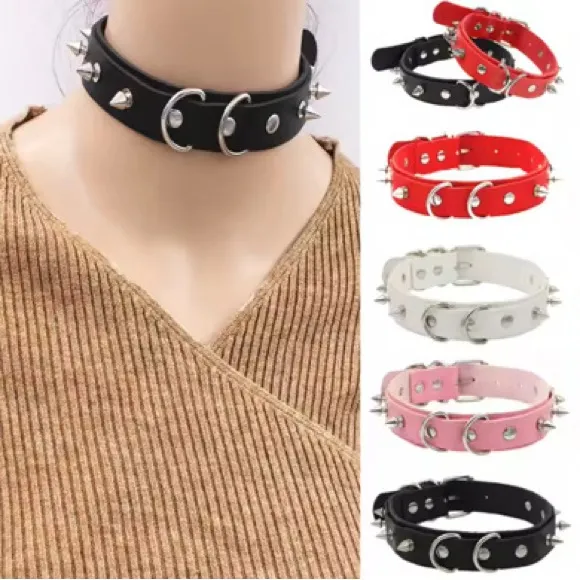 Red and Black Spiked Leather choker Collars Black & Red Bundle - Image 4