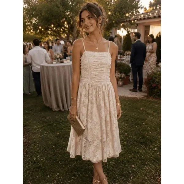 Just Me Ivory Delicate Lace Spaghetti Strap Romantic Midi Dress Medium - Image 9