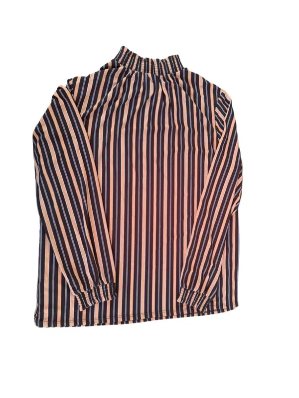 Anne Klein Striped Long Sleeve Top Large Black Tan White Elastic Neckline - Image 2