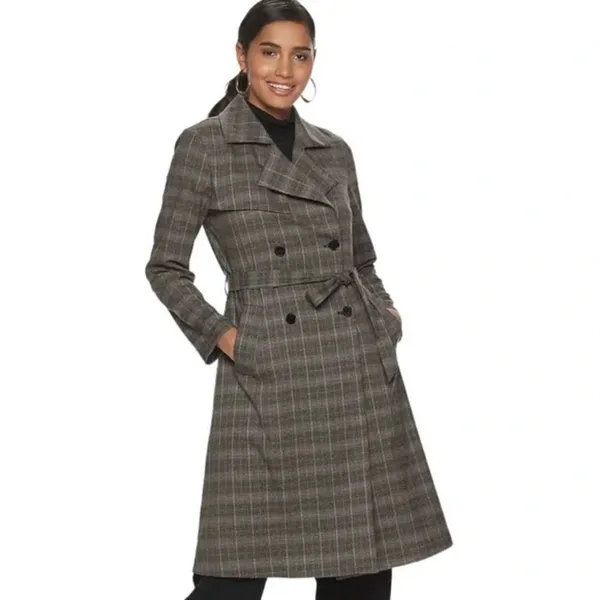 Jennifer Lopez Trench Coat Women Large Grey Plaid Double Breasted Lightweight‎ - Image 5