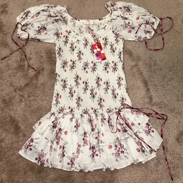 Loveshackfancy x Aerin Floral Lilac Violet Smocked Ruffle Mini Dress - Image 2