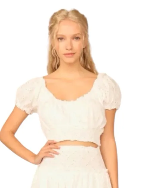 Ocean Drive white eyelet milkmaid cottagecore smocked hemline cropped boho top M - Image 2