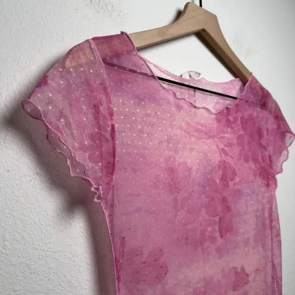 Free People Women On‎ The Dot Mesh Top Small Pink Floral Sheer Lettuce Baby Tee - Image 6