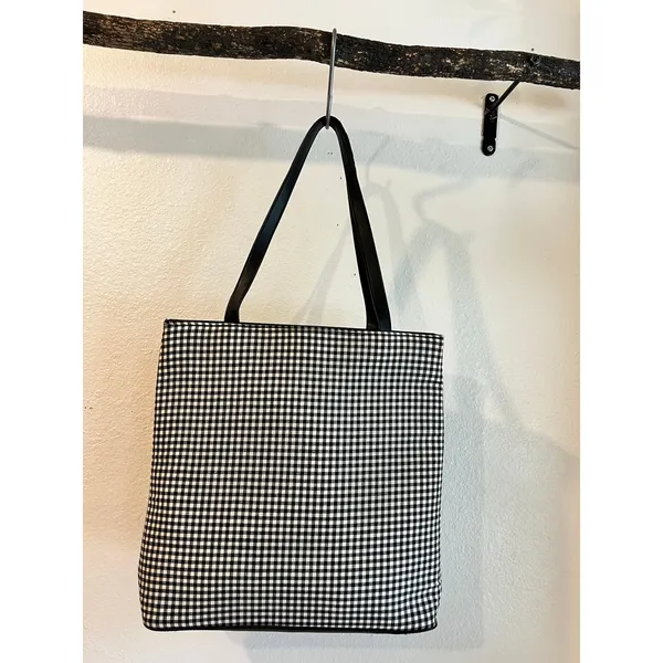 Black & White 100% Cotton Double Strap Gingham Checkered Medium Tote Bag - Image 15