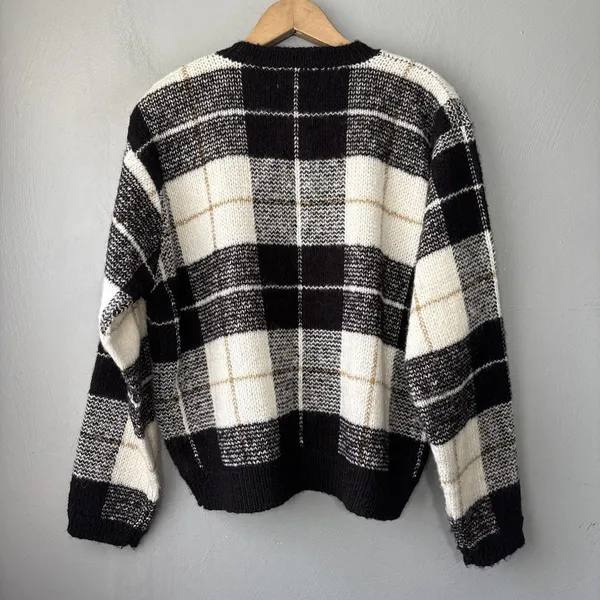 Vintage Boxy Plaid Sweater Size Medium Wool Cardigan Preppy Old Money Academia - Image 4