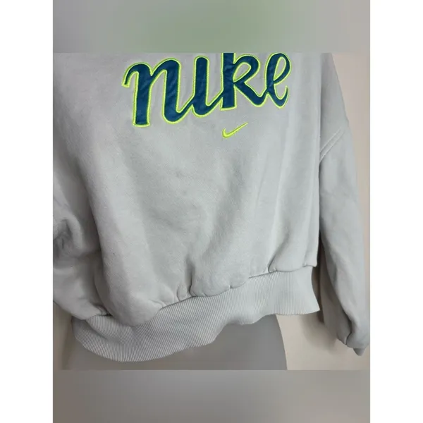 Nike off White Cropped Crew Sweatshirt Neon Green Navy logo spell out medium - Image 4