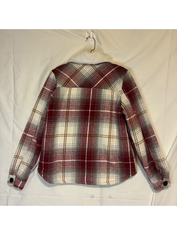 Special One Plaid Womans Sherpa Collar Fleece Lined Shacket Red Cream Sz M - Image 2