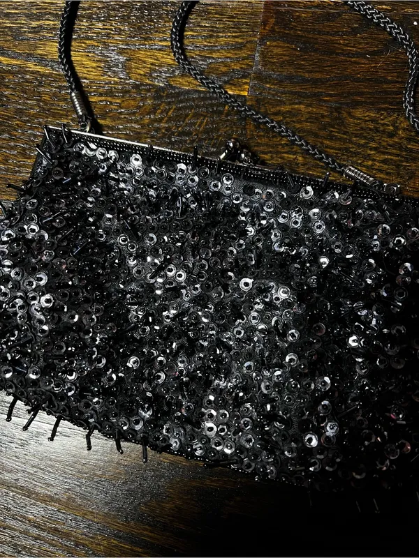 Lancôme Vintage Black Sequin and Beaded Evening Bag/Clutch with Crossbody Strap - Image 3