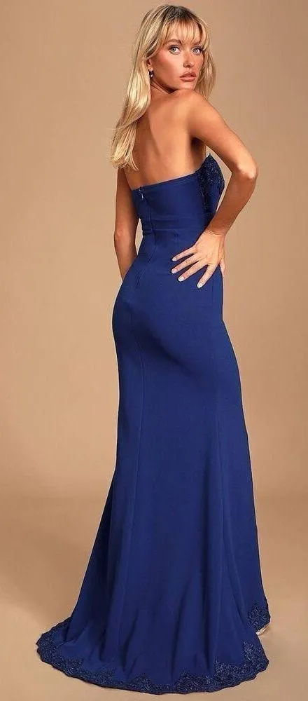 Twyla Royal Blue Embroidered Strapless Maxi Dress gown with slit Sz L - Image 3