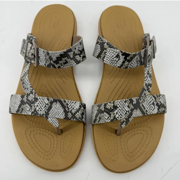 Crocs Tulum Toe Post Toe Sandal Snakeskin Gray Tan Women 8 Strappy Slip On Flip - Image 3
