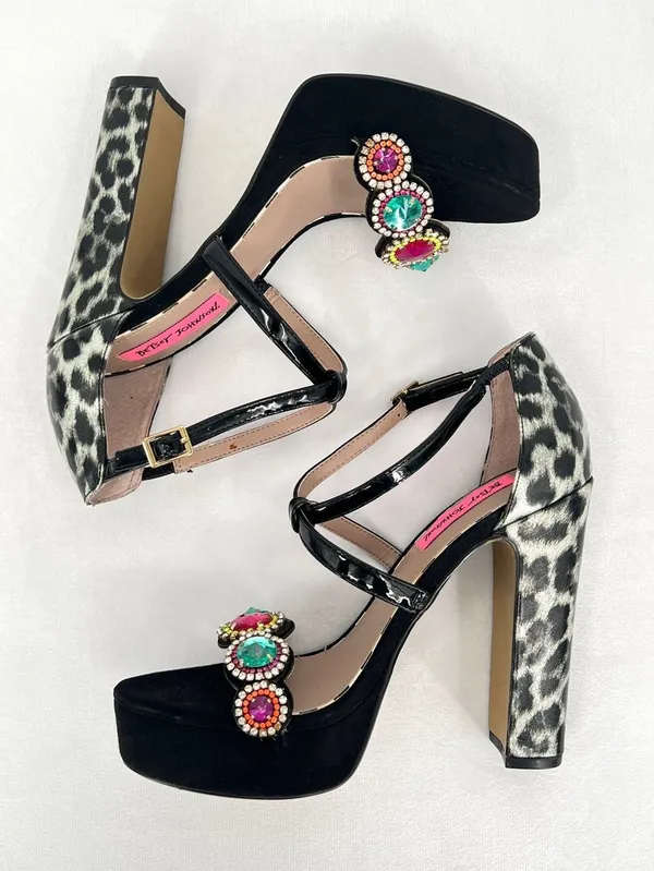 Betsey Johnson Sainte Black Silver Leopard Rhinestone Platform 5” High Heels 7.5 - Image 4