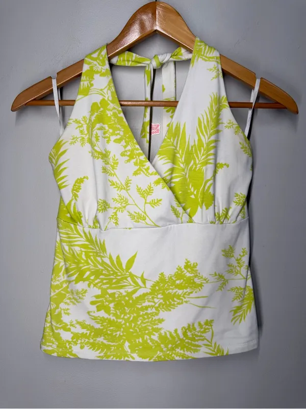 Liz Claiborne Y2K Tropical Halter Top Lime Green White Resort Coquette Vacation‎ - Image 3