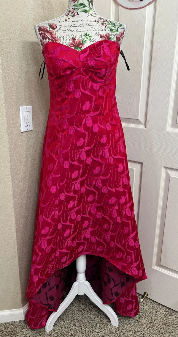 Bebe Fuchsia Pink Floral Jacquard Strapless High-Low Prom Formal Dress Size 10 - Image 2