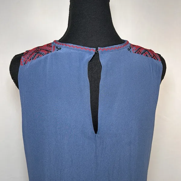 Madewell‎ 100% Silk Boho Geometric Embroidered Shift Dress Blue Red Size L - Image 7