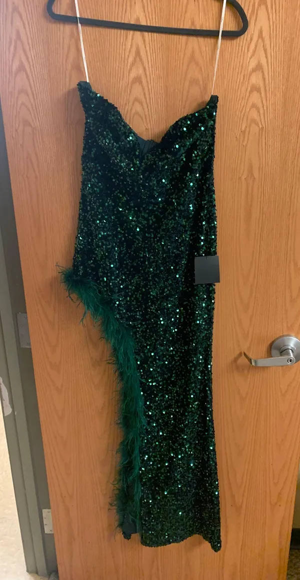 Lulus Everlasting Radiance Emerald Sequin Strapless Feather Maxi Dress - Image 2
