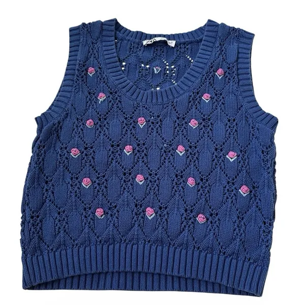 Zara Blue Knit V-neck Size Medium Vest Top Flowers Sleeveless Cotton | 14-33 - Image 3