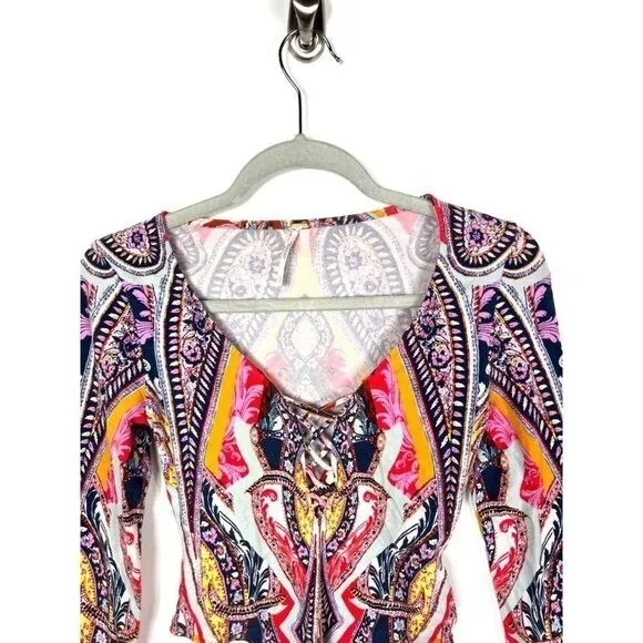 Free People Womens Paisley Lace Up Long Sleeve Bodysuit Multi Color‎ XS - Image 2
