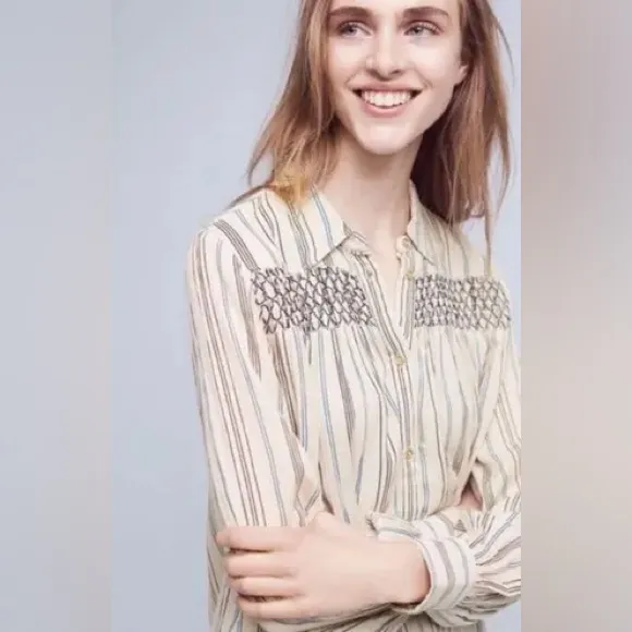 Anthropologie Floreat Norfolk Blouse Striped Long Sleeve Shirring Smocked Sz‎ XS - Image 4