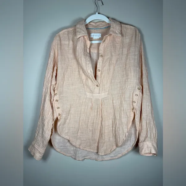 Anthropologie Orange Peach Cotton Gauze Bib-Front Popover Long Sleeve Shirt S - Image 4