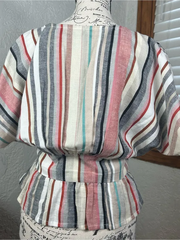 House Of Harlow x REVOLVE Striped Linen Blend Bell Sleeve V Neck Blouse Size S - Image 4