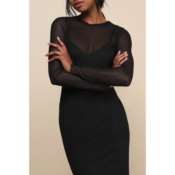 Lulus Perfect Plans Black Sheer Mesh Long Sleeve Midi Dress Party Cocktail S NWT - Image 4