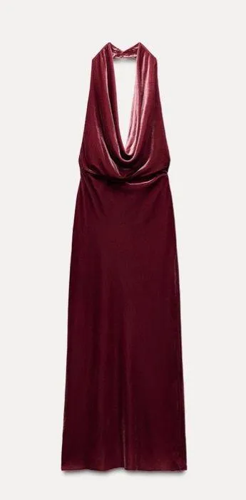 Zara maxi holiday dress velour Velvet Halter in Burgundy wedding party evening - Image 15