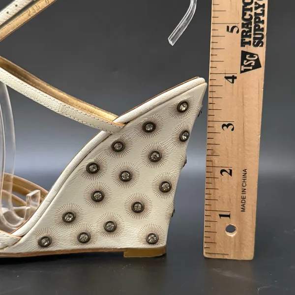 ESCADA Ivory White Leather Crystal Studded T-Strap Wedge Sandals Size 37 1/2 - Image 7