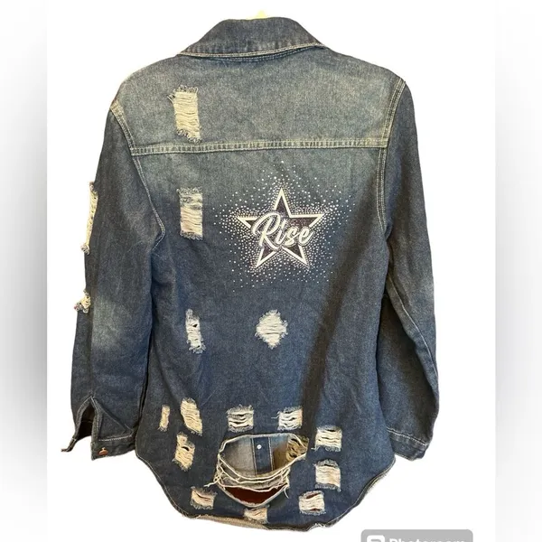 Women’s Jean Jacket distressed denim rhinestone Rise design on back Size M NWOT - Image 2