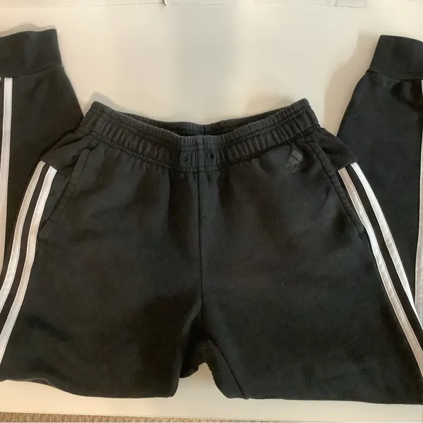 Adidas Size XS Black and White Track Pants with Signature Stripes. Preloved - Image 2