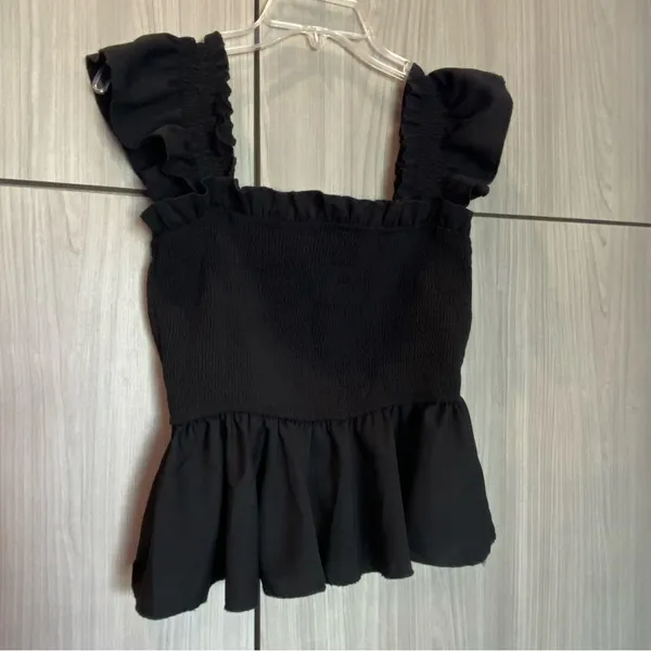 Black Ruffle Smocked Camisole Tank Top Peplum Blouse Medium Size undefined - Image 2