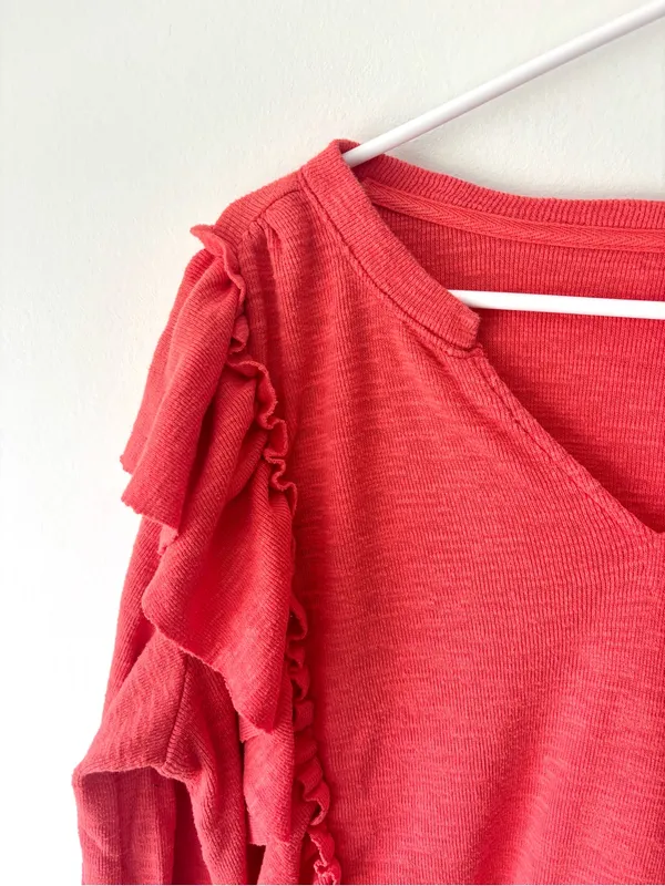 Anthropologie Pilcro Cozy Popover Ruffle Long Sleeves Top Orange Coral V Neck - Image 4