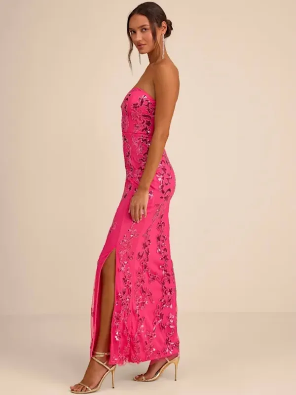 Lulu's Hot Pink Strapless Sweetheart Embroidered Maxi Dress - Image 4