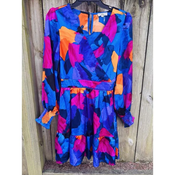 Entro Small Abstract Satin Mini Dress Women Bubble Hem and Sleeve Dance Party - Image 3