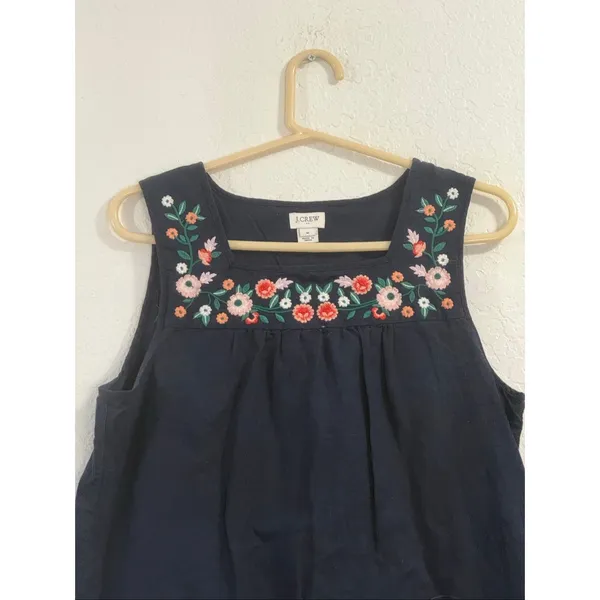 J CREW | navy blue embroidered midi sleeveless shift dress M linen blend - Image 2