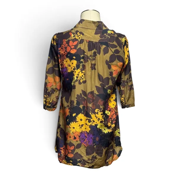 Coldwater Creek Cotton Silk 3/4 Sleeve Tunic Blouse Top Floral Green Brown Small - Image 4