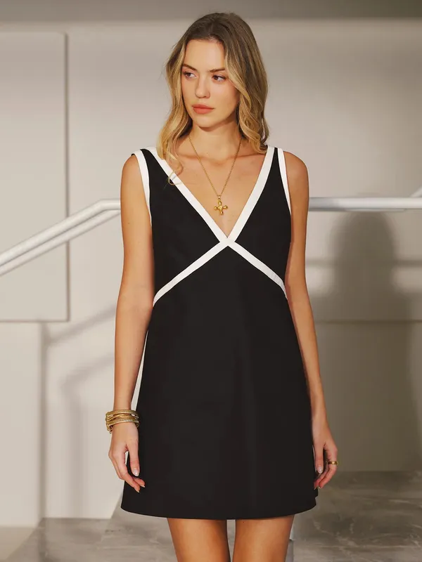 Commense Black Mini Dress with White Piping - Image 3